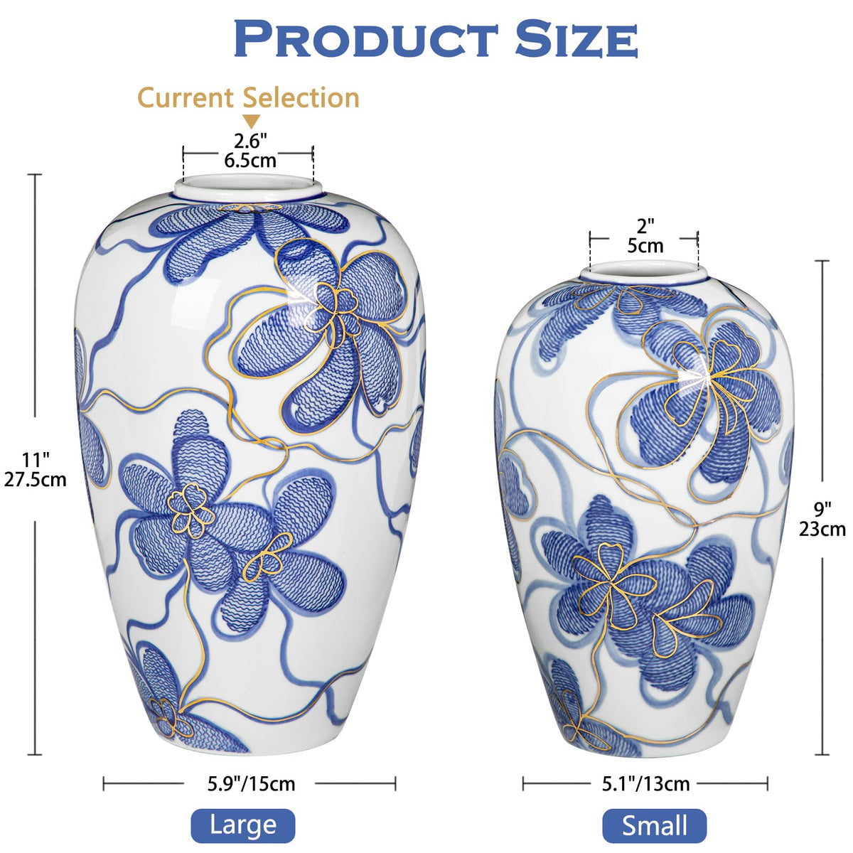 Hand-Painted Blue and White Vase with Gold Accents