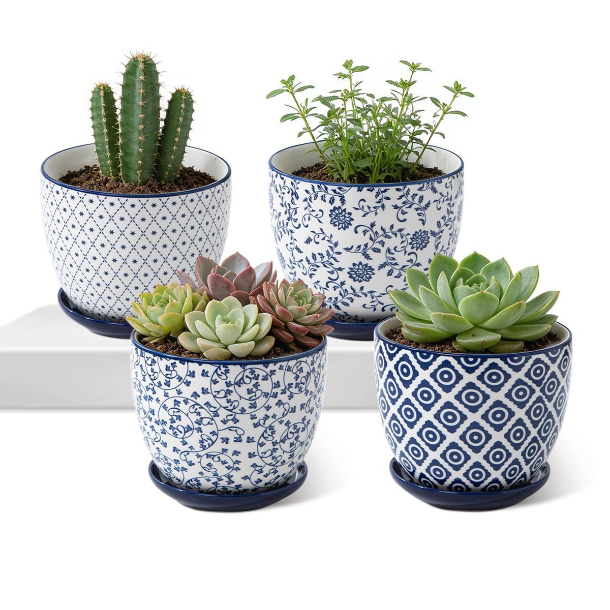 Vintage Blue Succulent Pots with Saucers, Set of 4