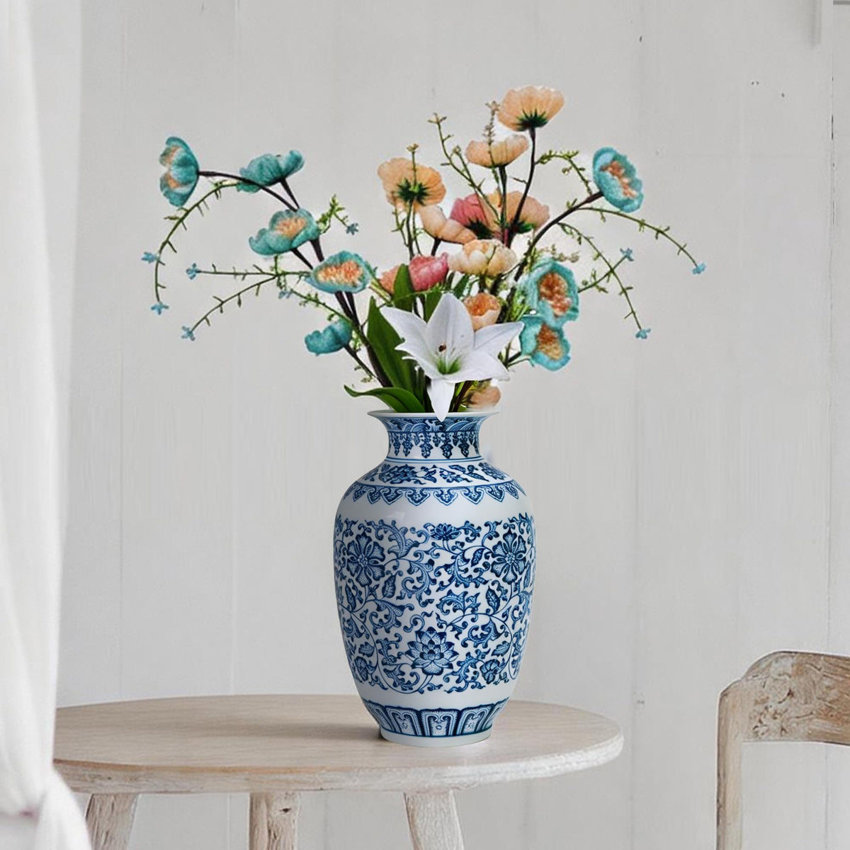 Blue and White Chinoiserie Trumpet Vase, 10 Inch