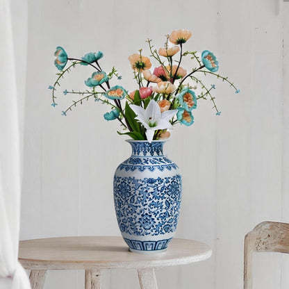 Blue and White Chinoiserie Trumpet Vase, 10 Inch