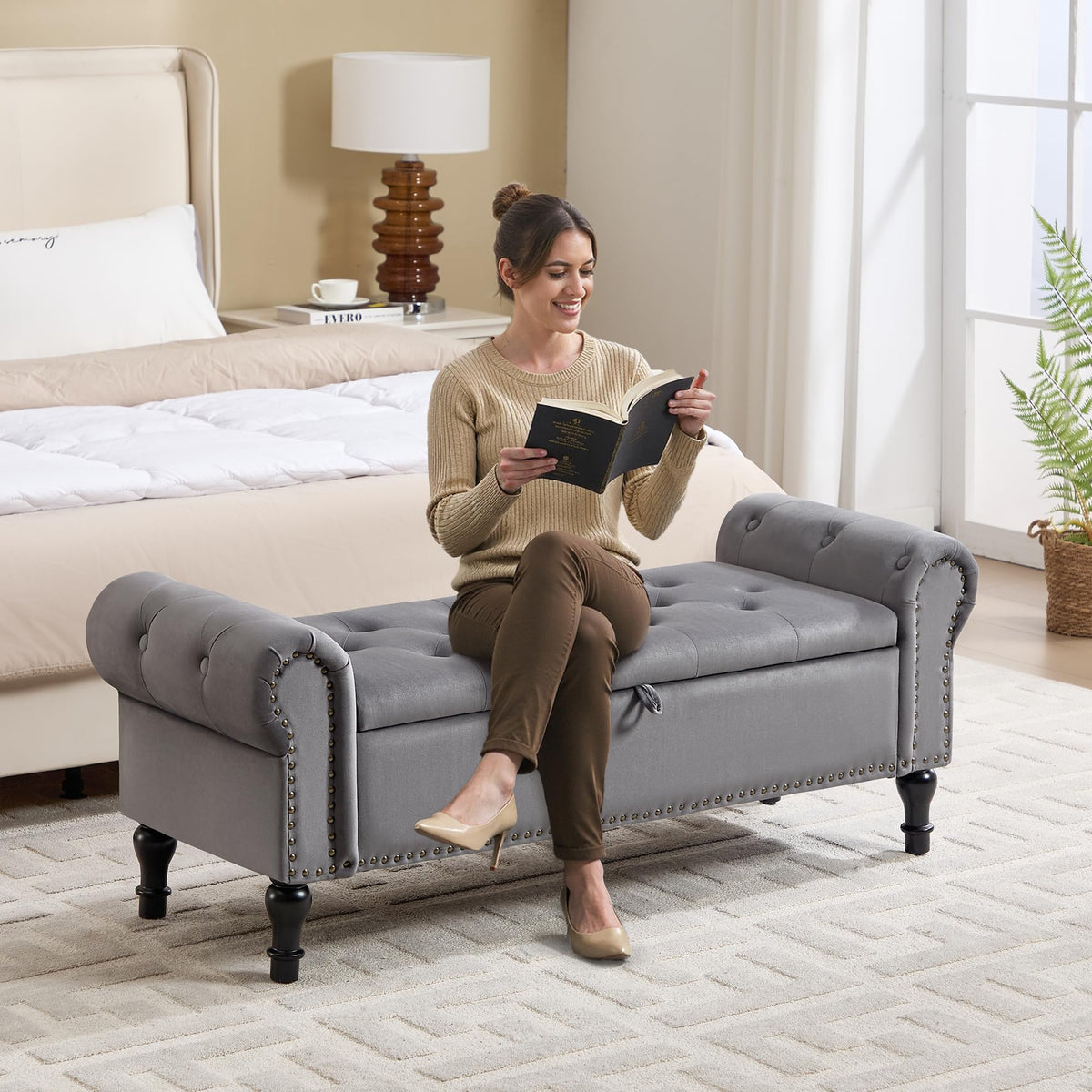 Navy Velvet Tufted Storage Bench