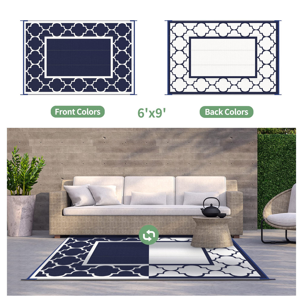 Blue and White Reversible Outdoor Rug, 5x8