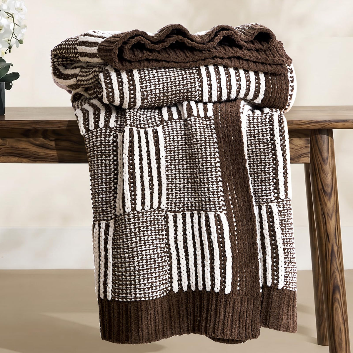 Checkered Knit Throw Blanket, Blue, 50 x 60 Inch