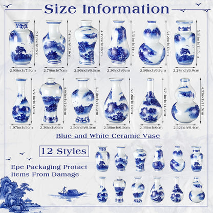 Mini Blue and White Chinoiserie Vases, Set of 12
