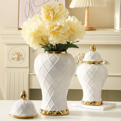 White and Gold Ceramic Ginger Jar, 12 to 18 Inch