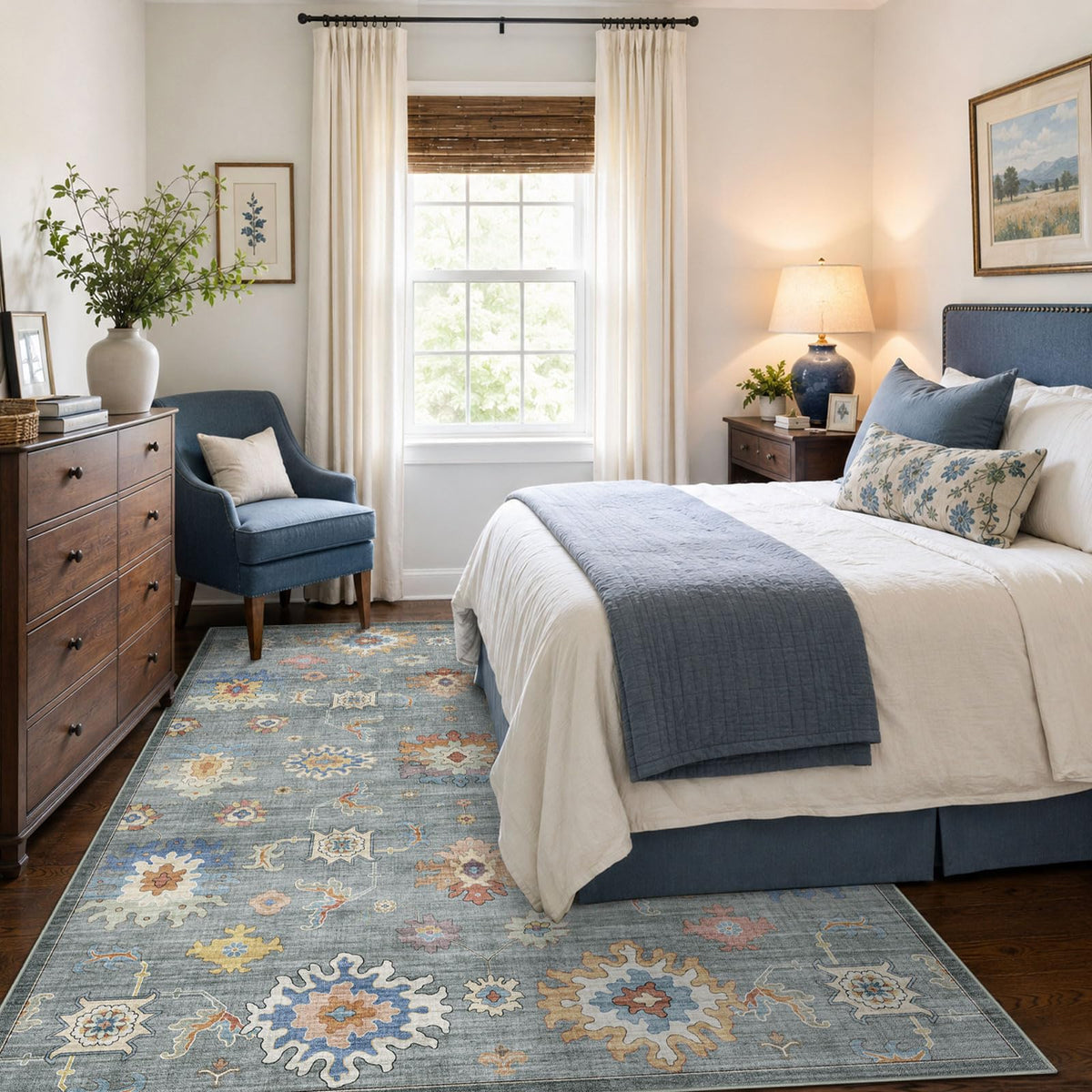 Washable Area Rug, Delft Blue Vintage Floral