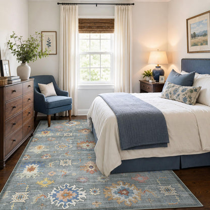 Washable Area Rug, Delft Blue Vintage Floral
