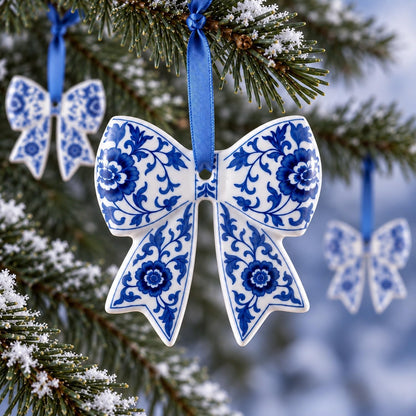 Blue and White Porcelain Bow Ornaments, Set of 6