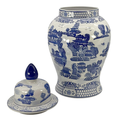 Large 25 Inch Blue and White Chinoiserie Temple Jar