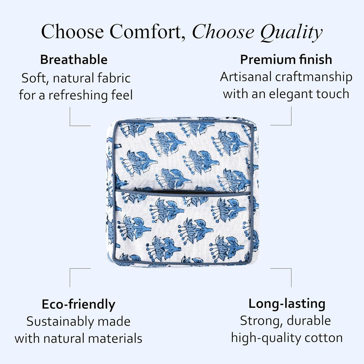 Block Print Cotton Tissue Box Cover, Apatite Blue