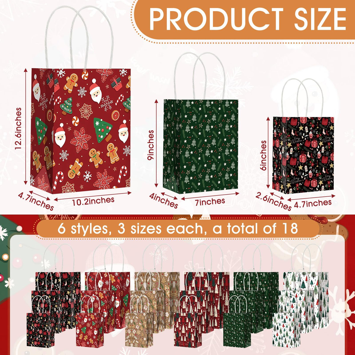 Blue Toile Christmas Kraft Gift Bags, Set of 18