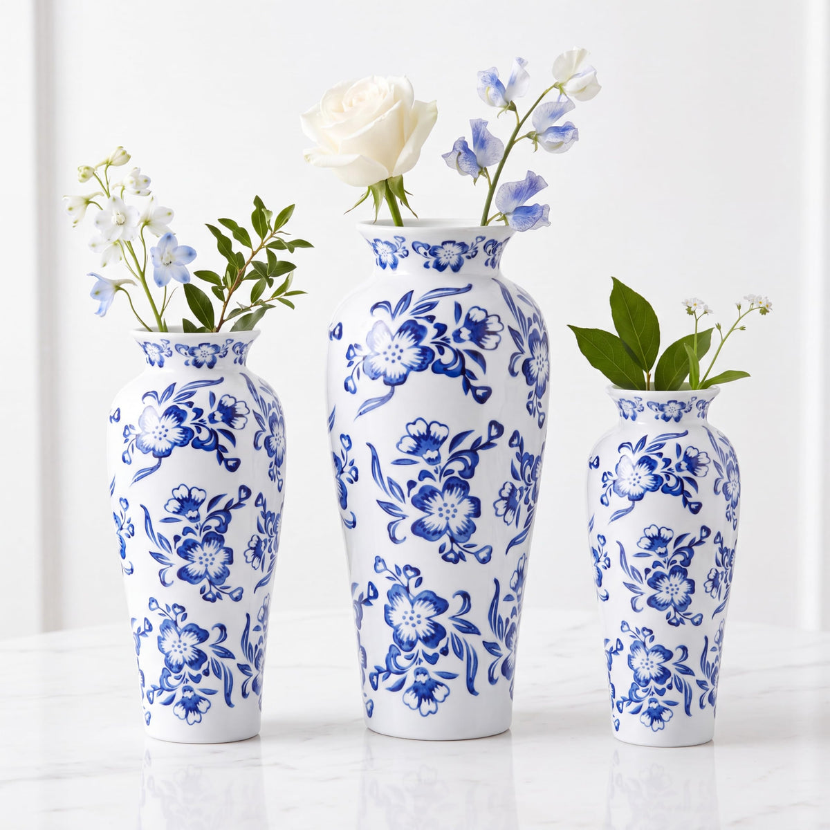 Set of 3 Blue and White Chinoiserie Vases