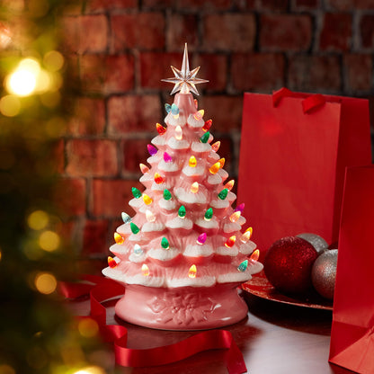 Hand Painted Ceramic Christmas Tree, 15 Inch Pre-Lit