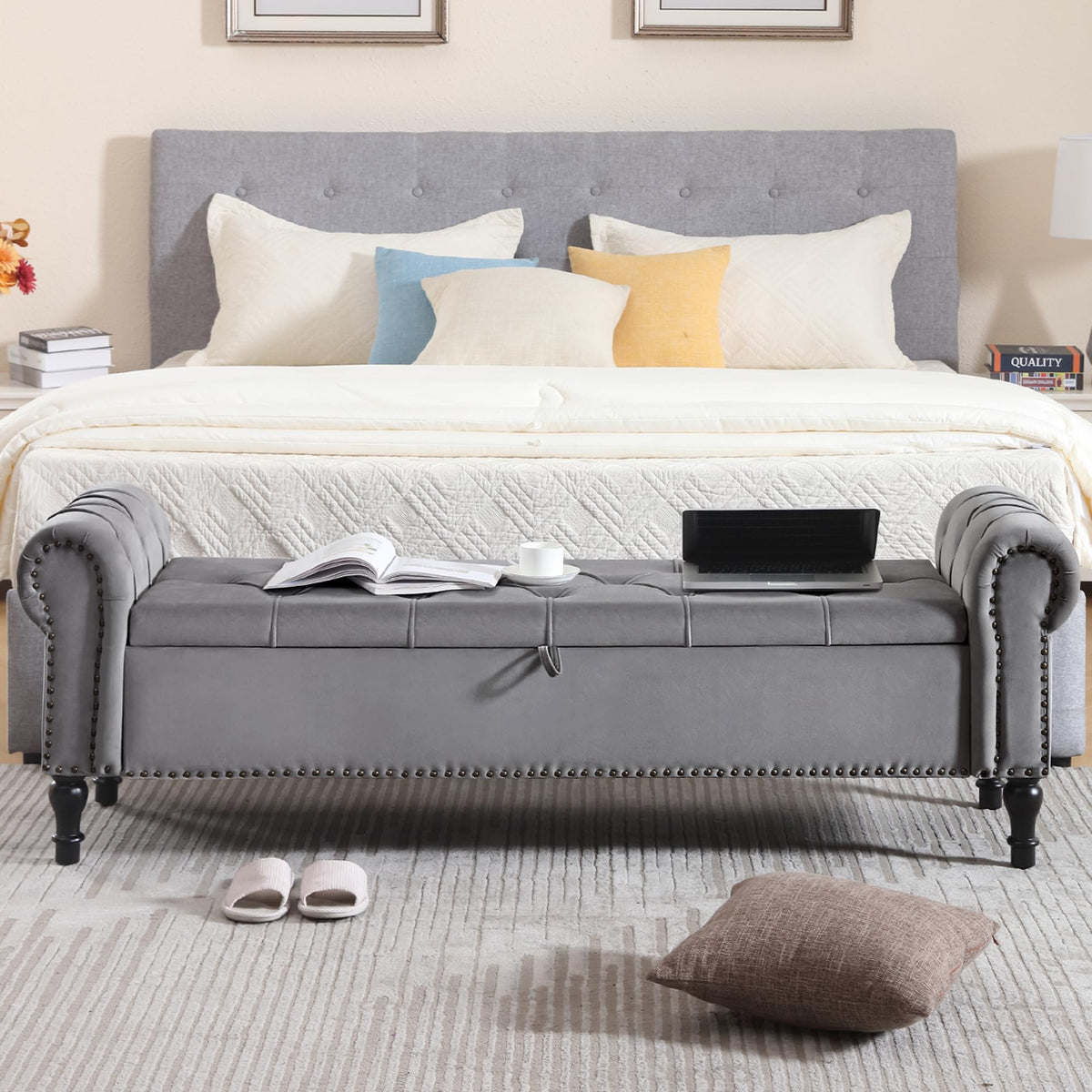 Navy Velvet Tufted Storage Bench