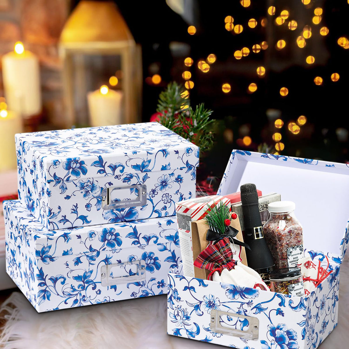 Blue and White Floral Nested Storage Boxes