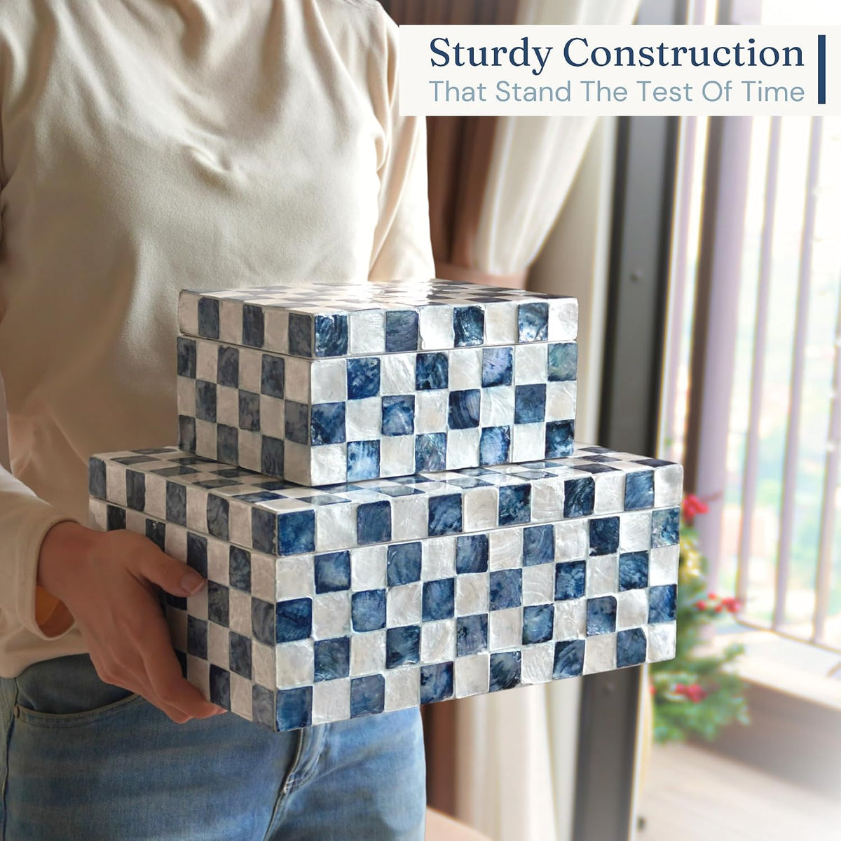 Navy Capiz Shell Storage Boxes, Set of 2