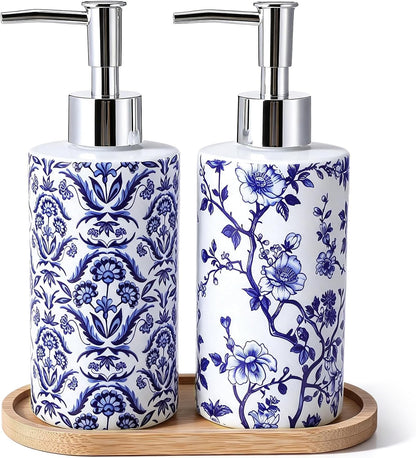 Blue and White Chinoiserie Soap Dispensers with Tray, Set of 2