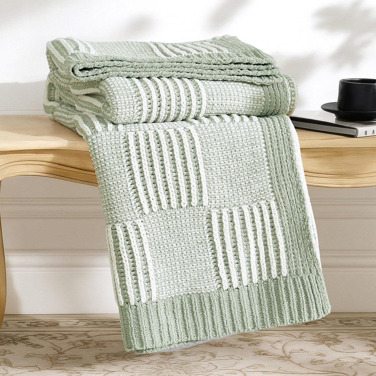 Checkered Knit Throw Blanket, Blue, 50 x 60 Inch
