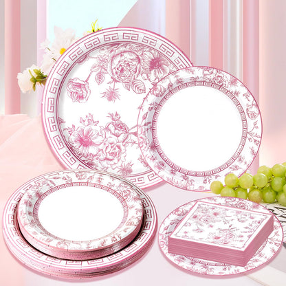 Blue and White Floral Paper Plates and Napkins, Serves 20