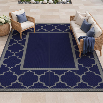Blue and White Reversible Outdoor Rug, 5x8