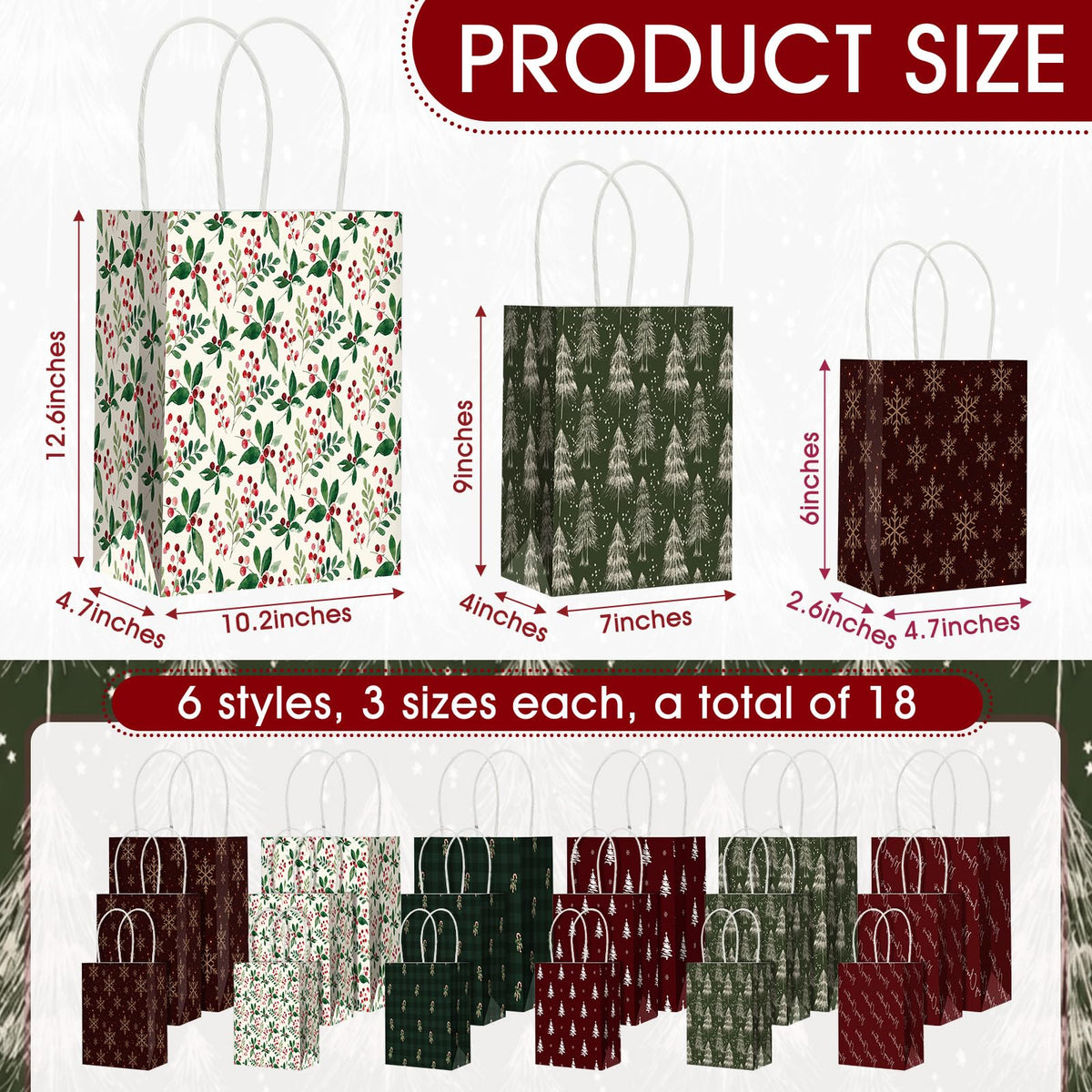 Blue Toile Christmas Kraft Gift Bags, Set of 18
