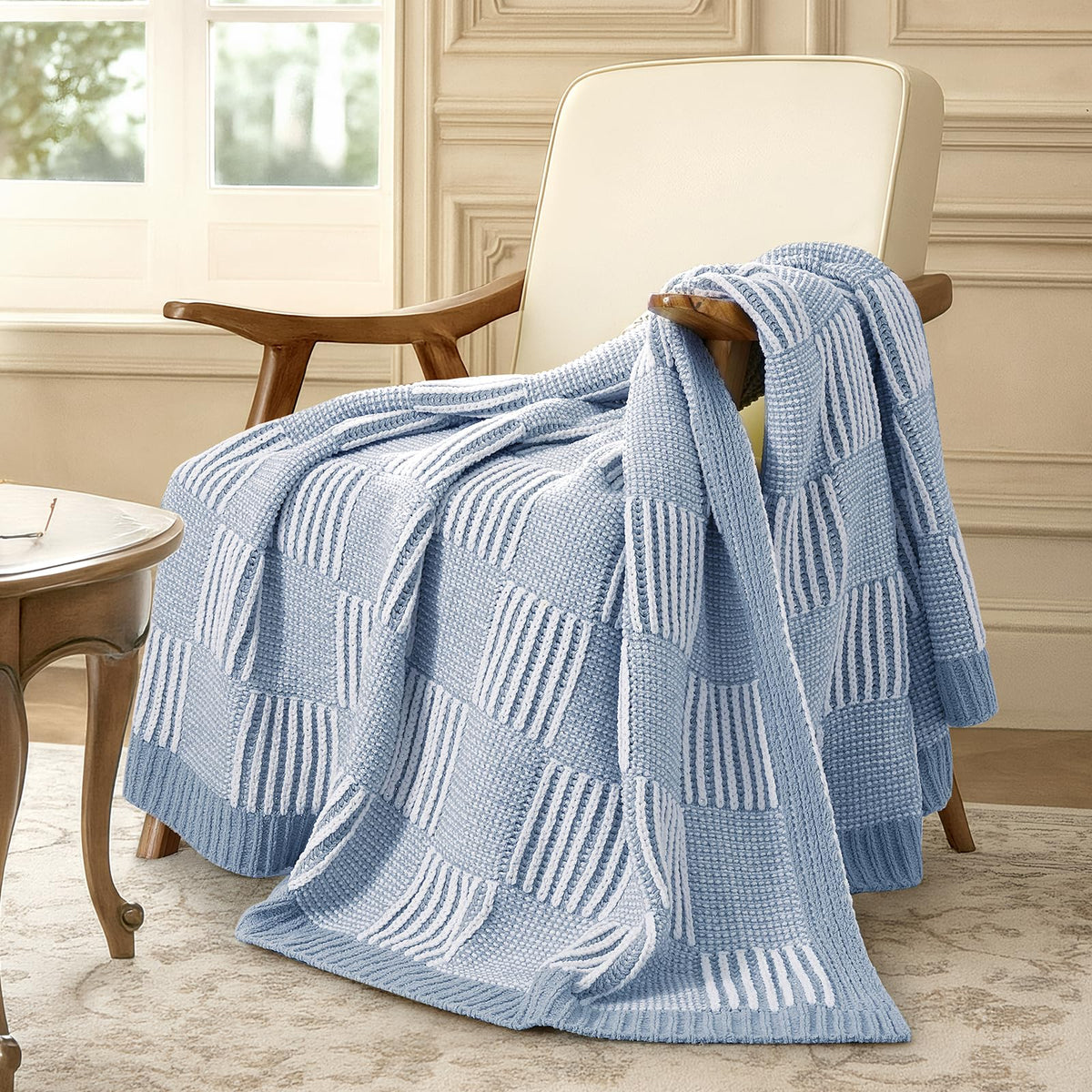 Checkered Knit Throw Blanket, Blue, 50 x 60 Inch