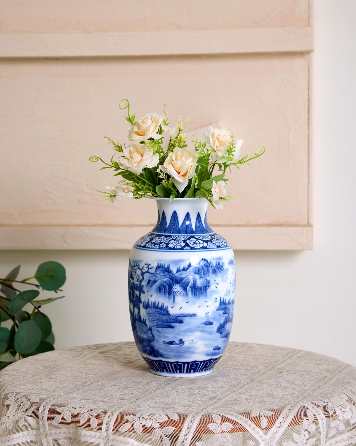 Blue and White Chinoiserie Vase, 8 or 9 Inch