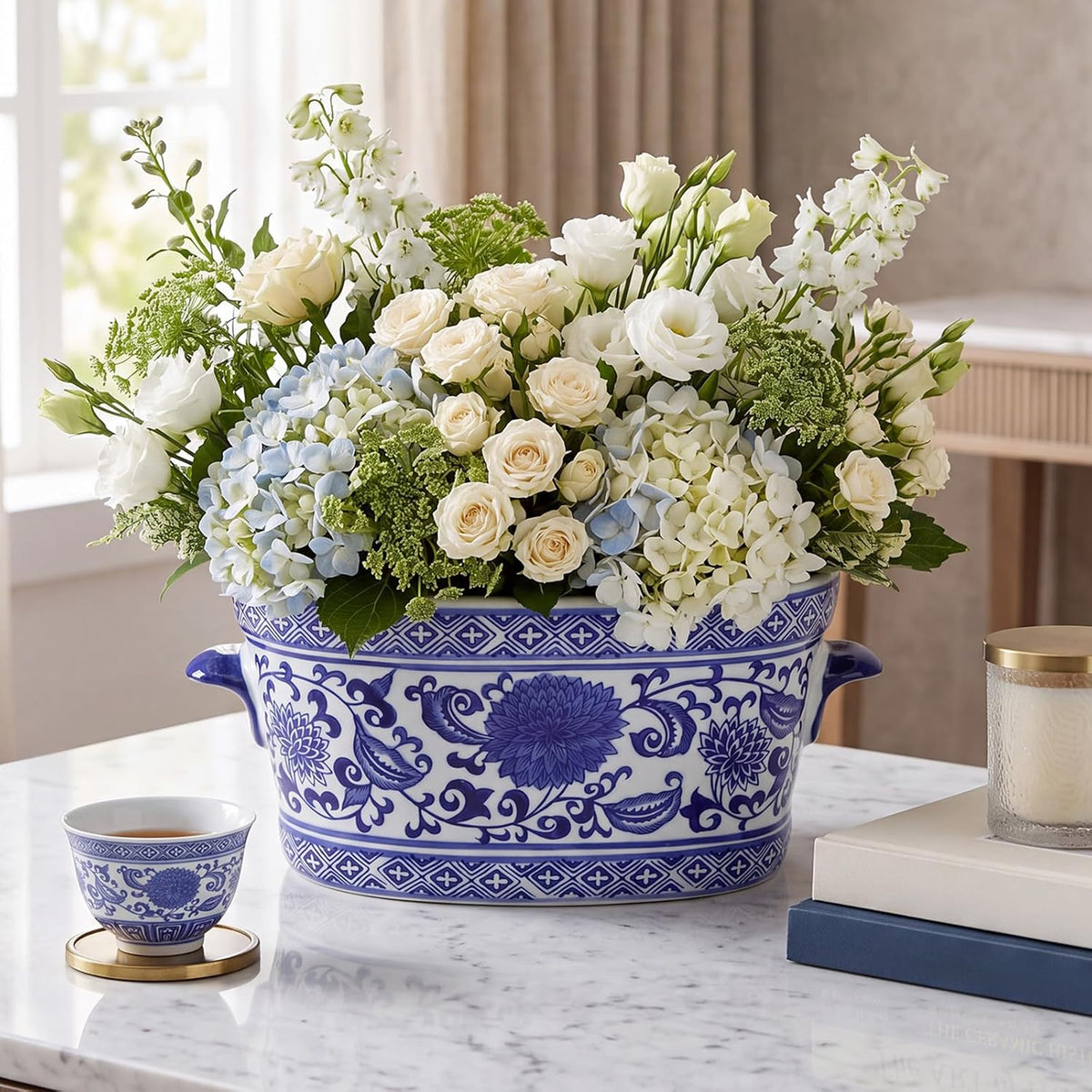 Blue and White Chinoiserie Oval Planter