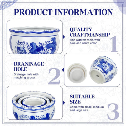 Blue and White Chinoiserie Planters with Saucers, Set of 3