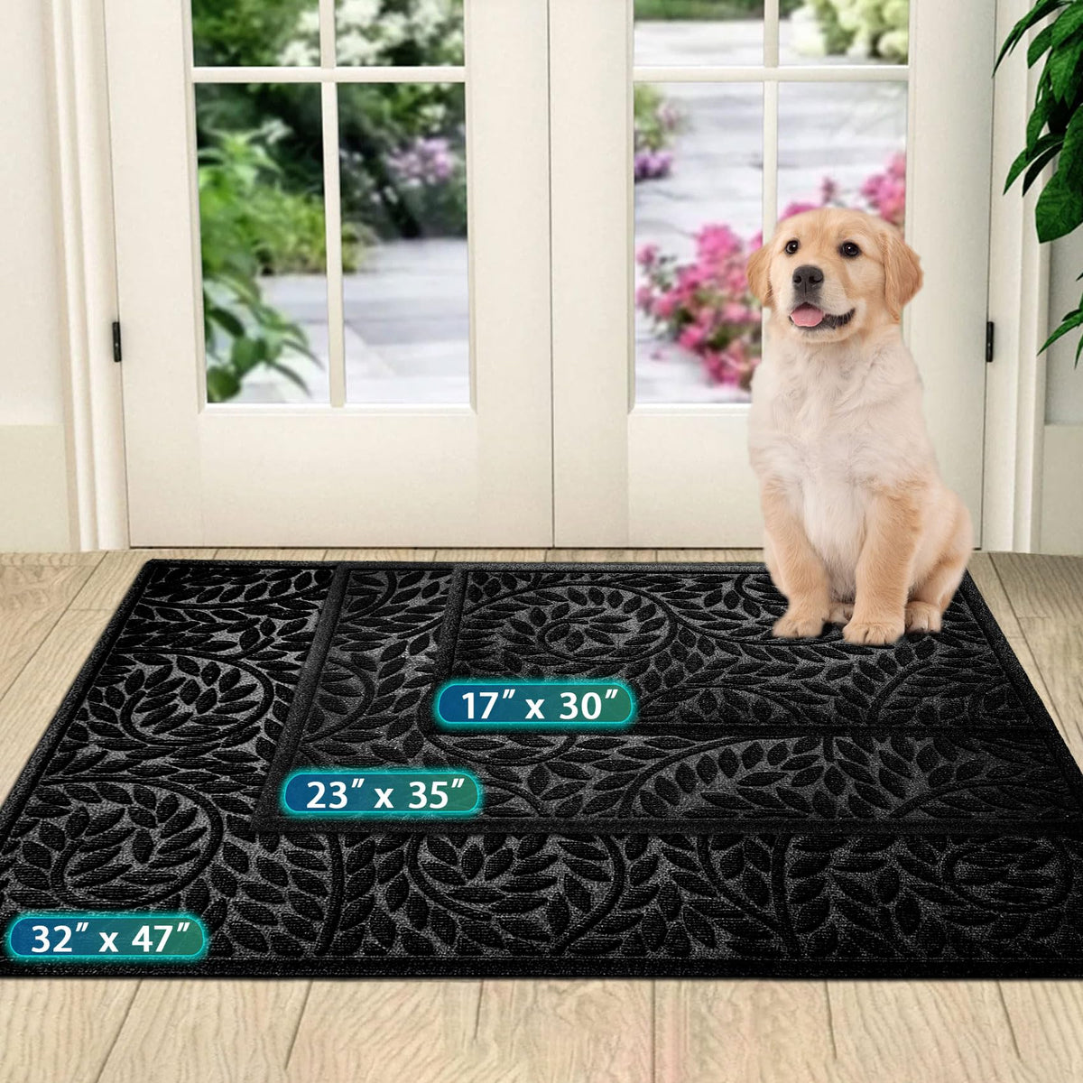 Blue Leaf Front Door Mat, Non-Slip Rubber