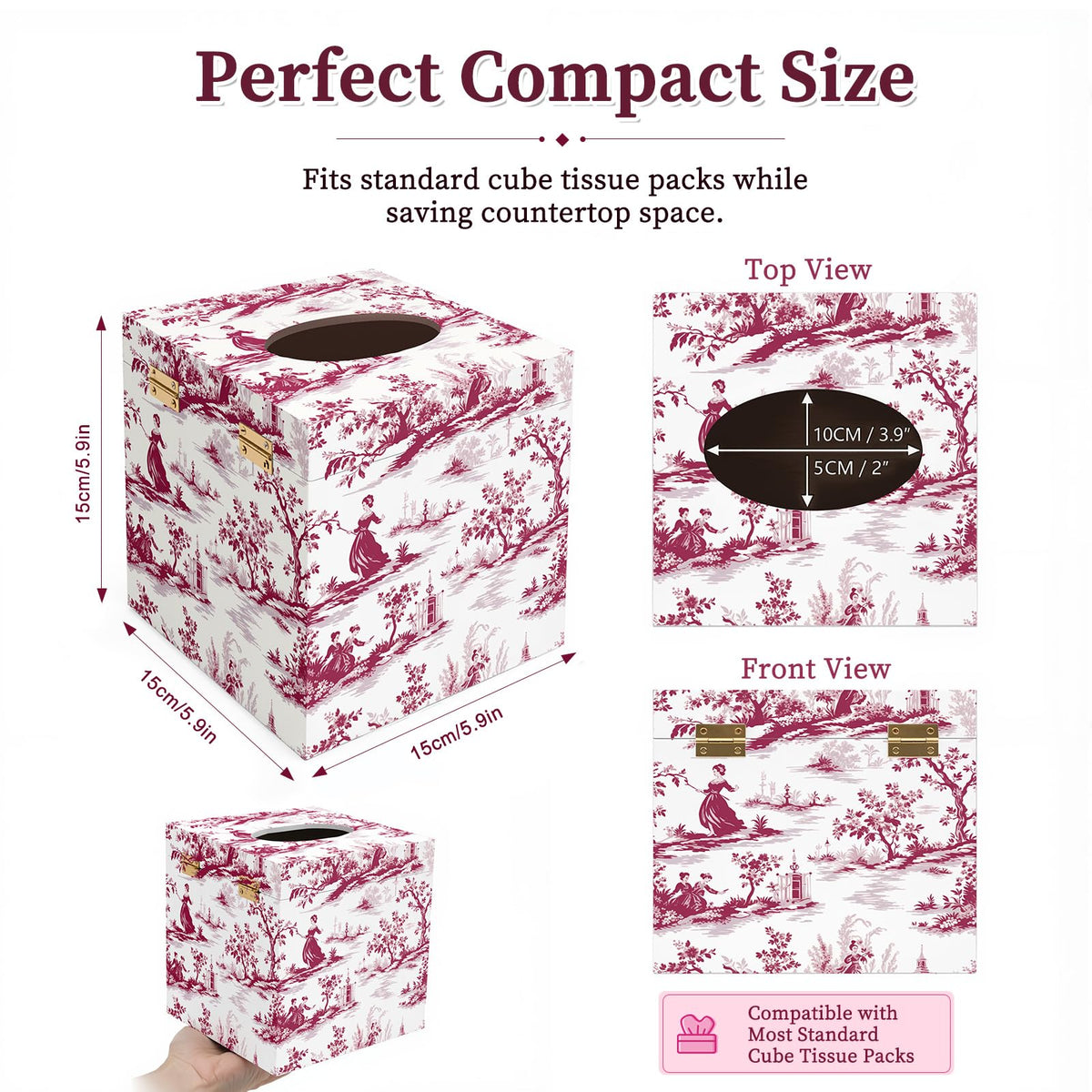 French Toile Tissue Box Cover, 6 Inch