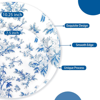 Blue Floral Plastic Plates, 60 Pieces