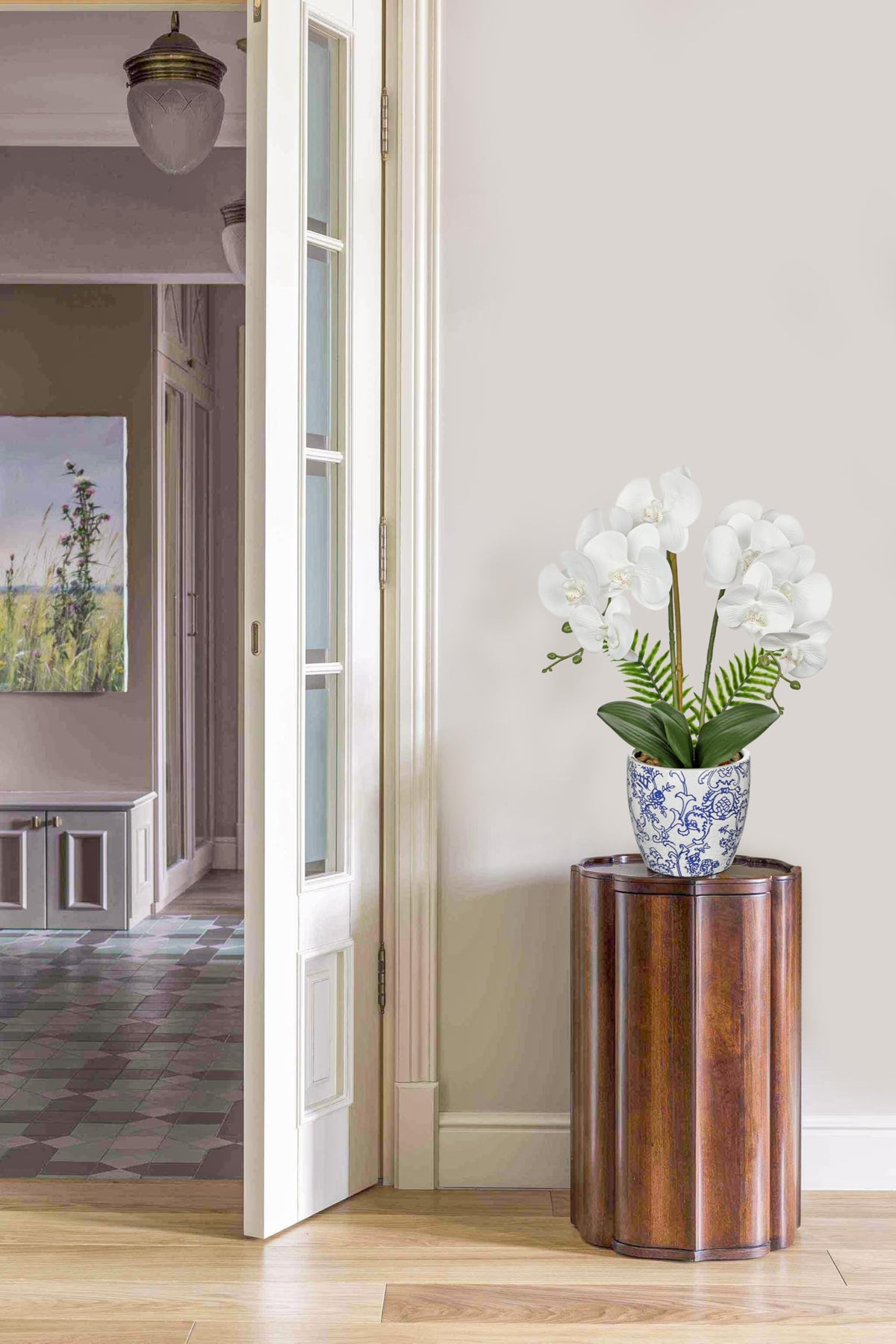 Briful Faux Orchid in Blue and White Ceramic Pot