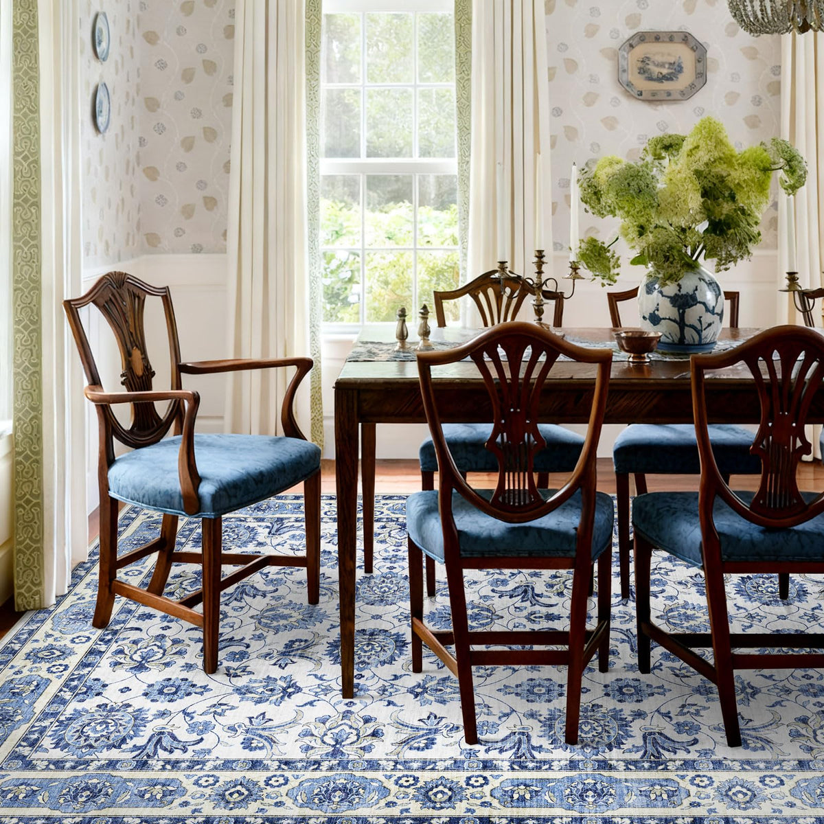 Washable Area Rug, Delft Blue Vintage Floral