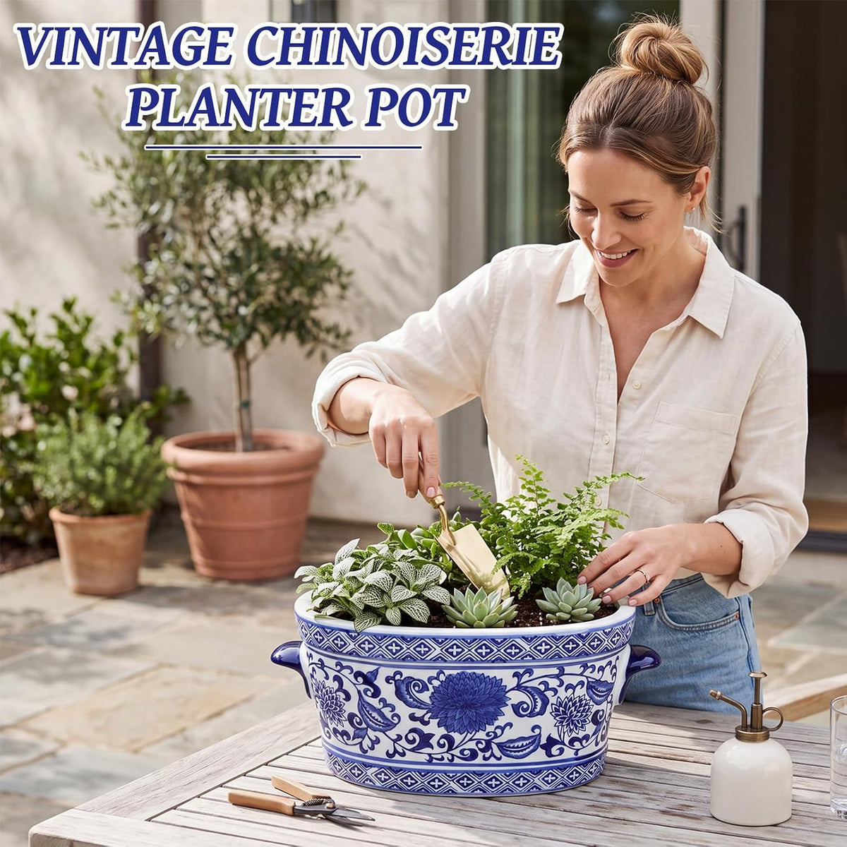 Blue and White Chinoiserie Oval Planter