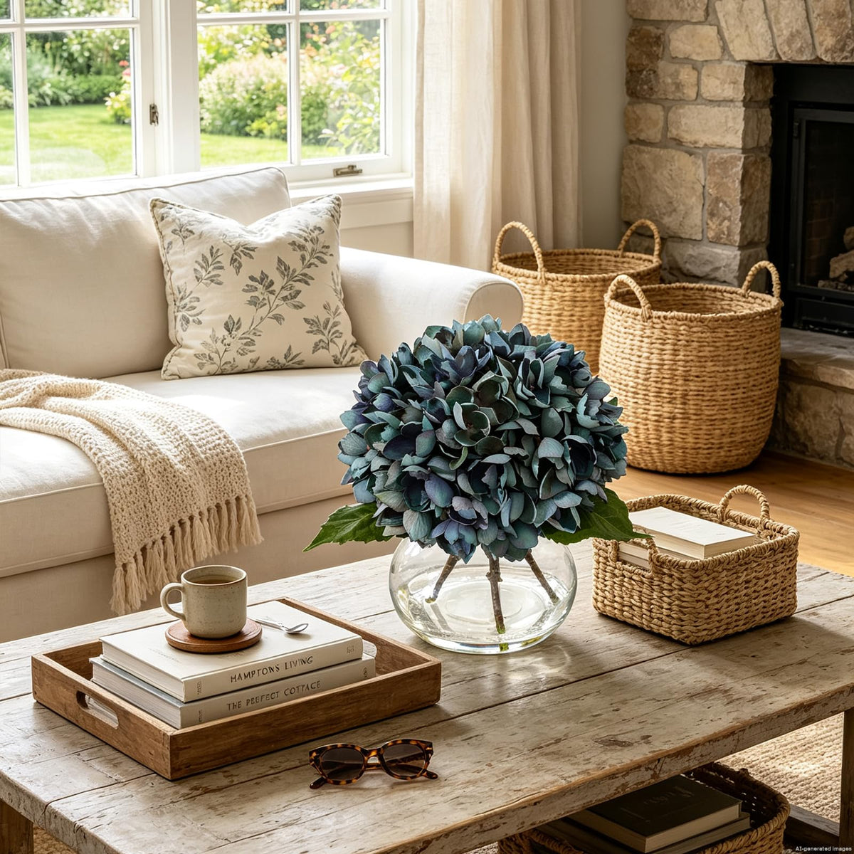 Blue Faux Hydrangea Arrangement in Glass Vase