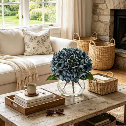 Blue Faux Hydrangea Arrangement in Glass Vase