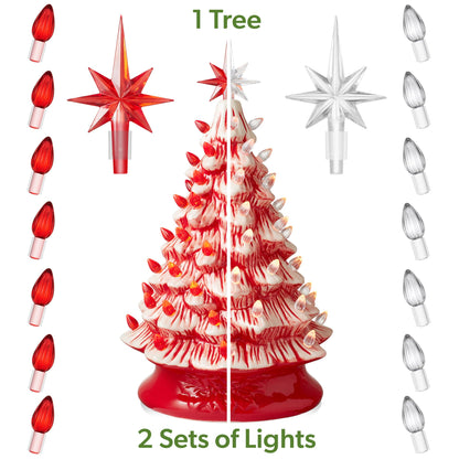 Hand Painted Ceramic Christmas Tree, 15 Inch Pre-Lit