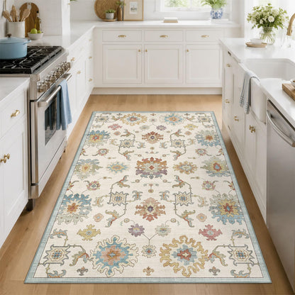 Washable Area Rug, Delft Blue Vintage Floral