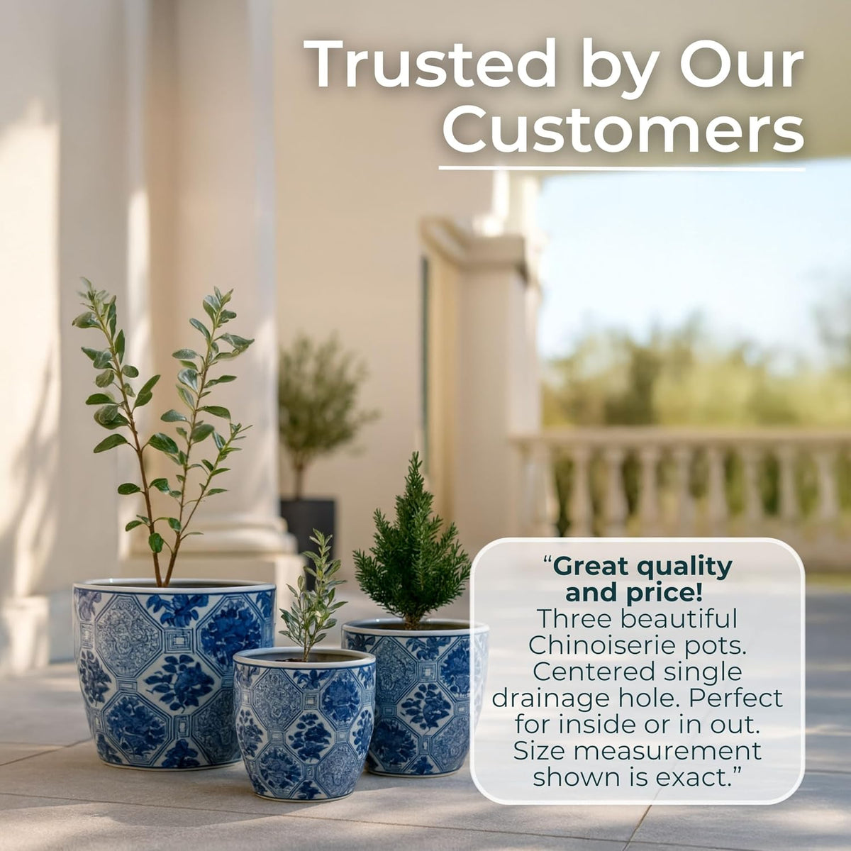 Blue and White Scenic Ceramic Planters, Set of 3