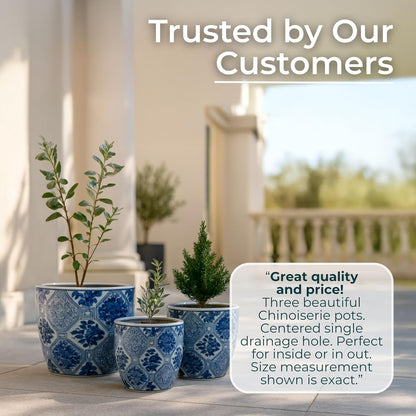 Blue and White Scenic Ceramic Planters, Set of 3