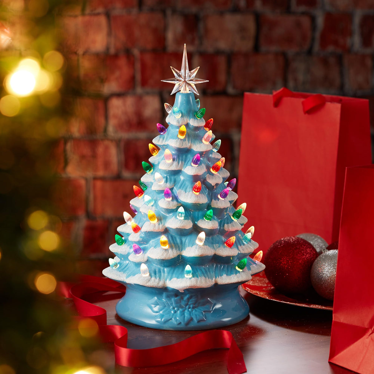 Hand Painted Ceramic Christmas Tree, 15 Inch Pre-Lit