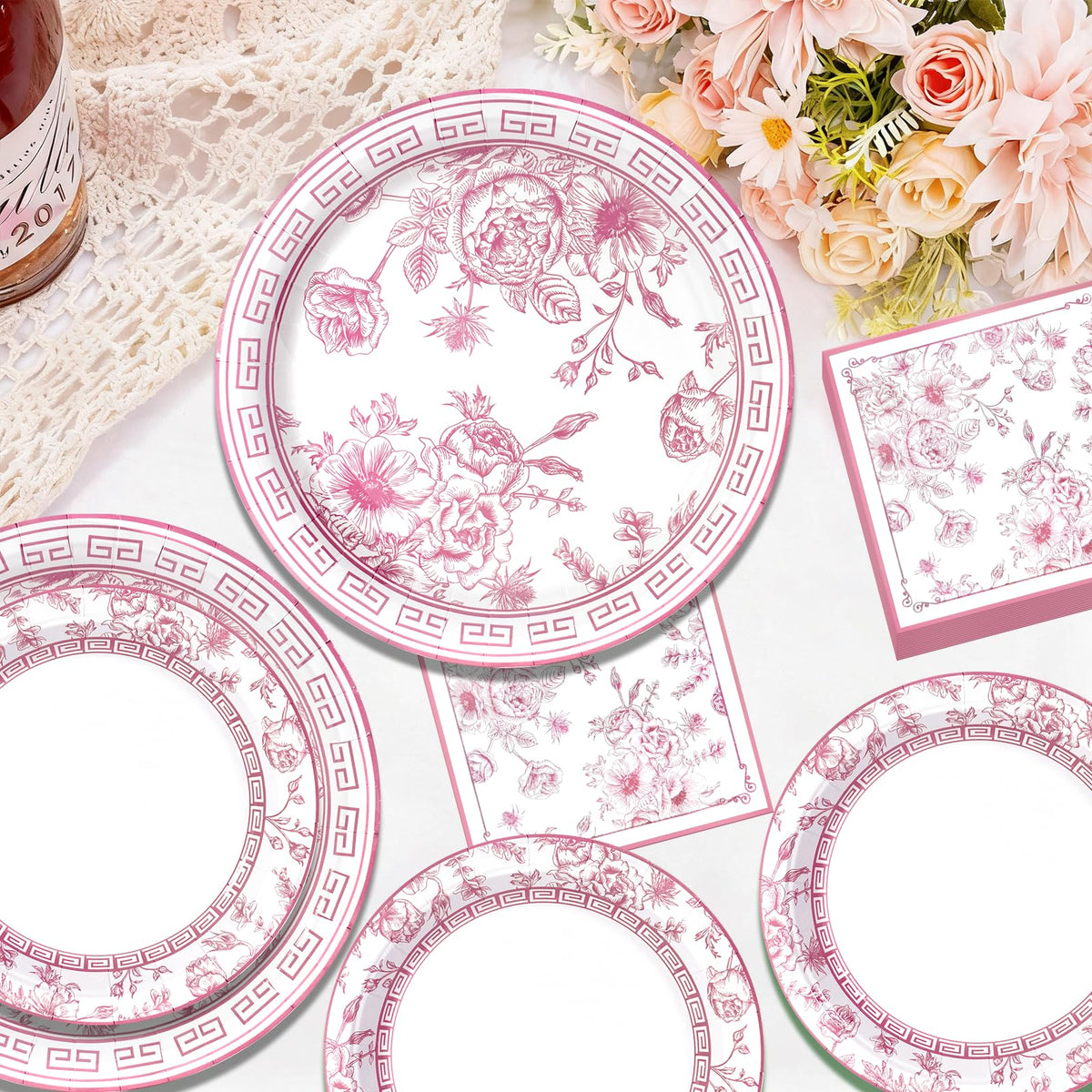 Blue and White Floral Paper Plates and Napkins, Serves 20