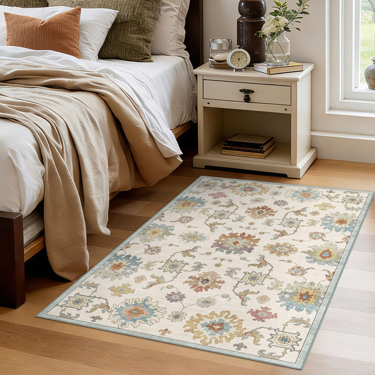 Washable Area Rug, Delft Blue Vintage Floral