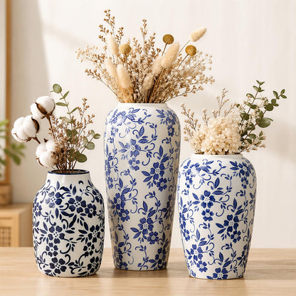 Set of 3 Blue and White Chinoiserie Vases