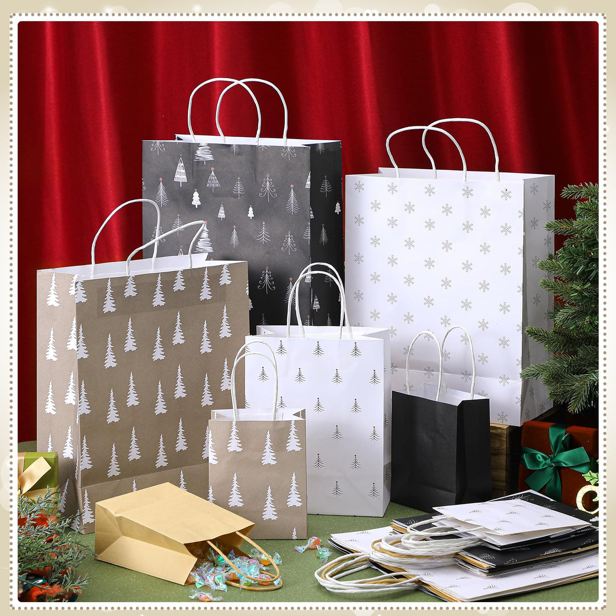 Blue Toile Christmas Kraft Gift Bags, Set of 18