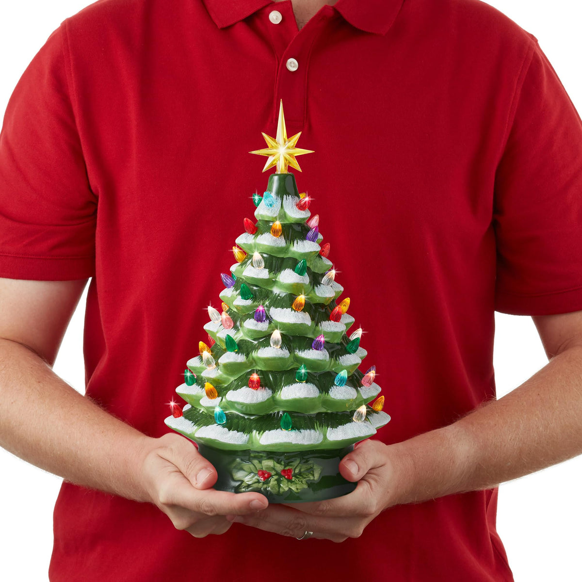 Hand Painted Ceramic Christmas Tree, 15 Inch Pre-Lit