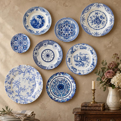 Blue and White Ceramic Wall Plates with Hangers, Set of 8