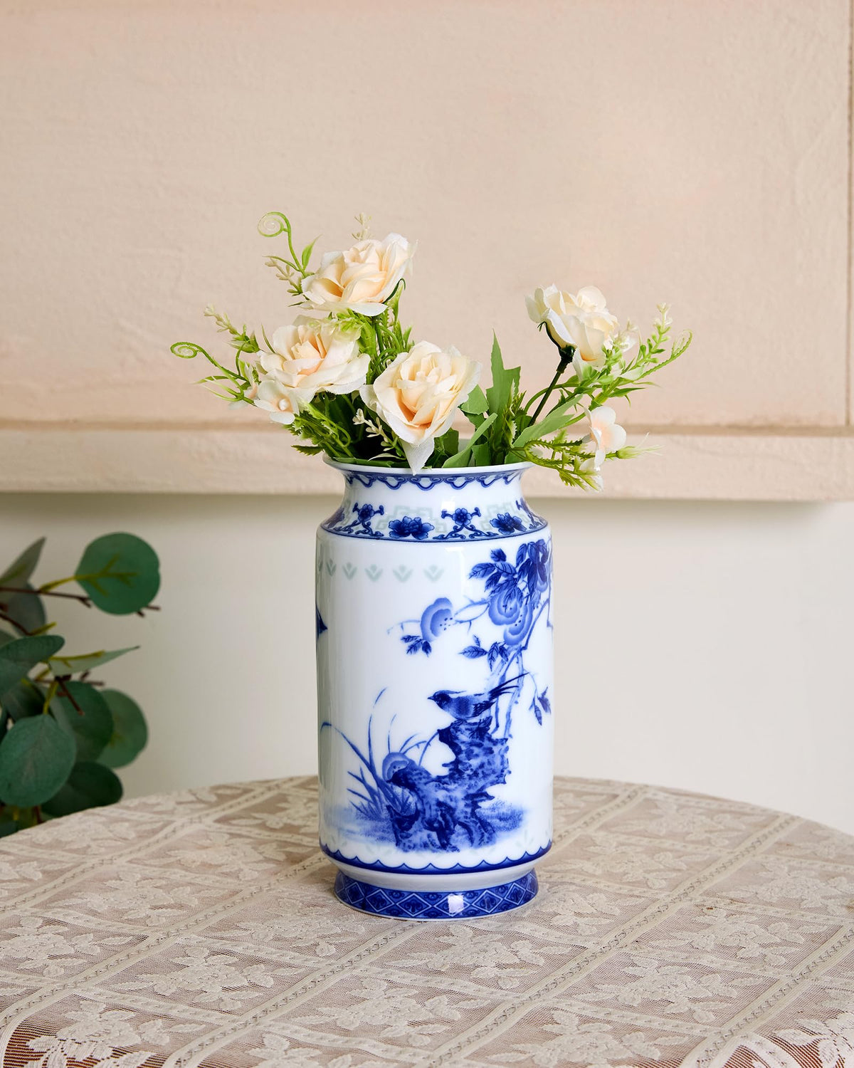 Blue and White Chinoiserie Vase, 8 or 9 Inch