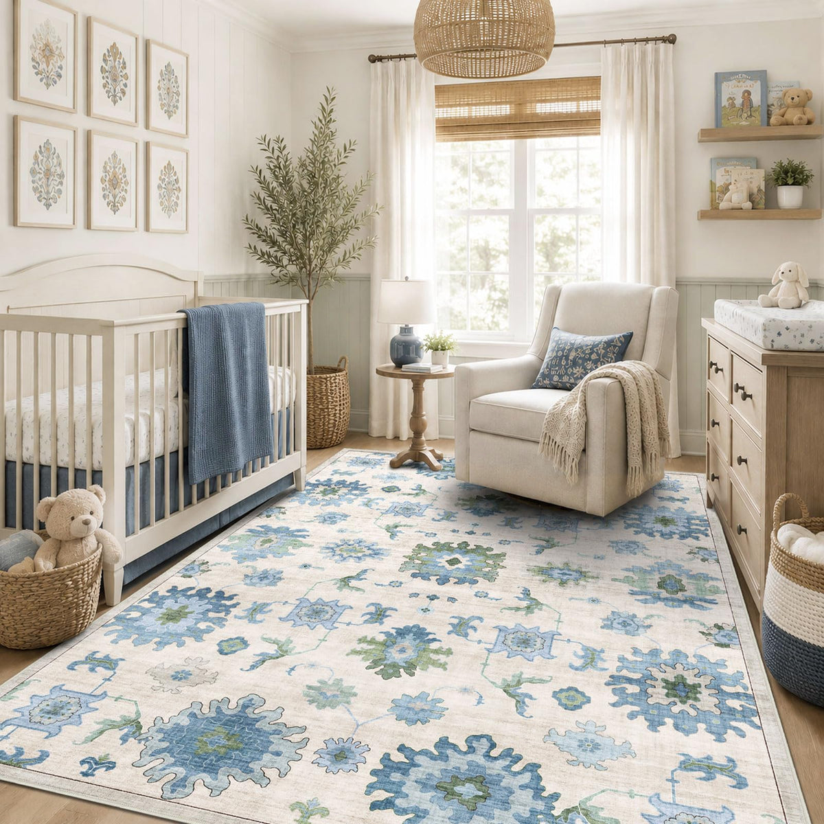 Washable Area Rug, Delft Blue Vintage Floral